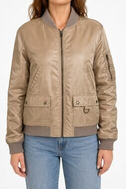VOICE Womens Gold Tan 100% Silk Bomber Jacket Utility Pockets Size L